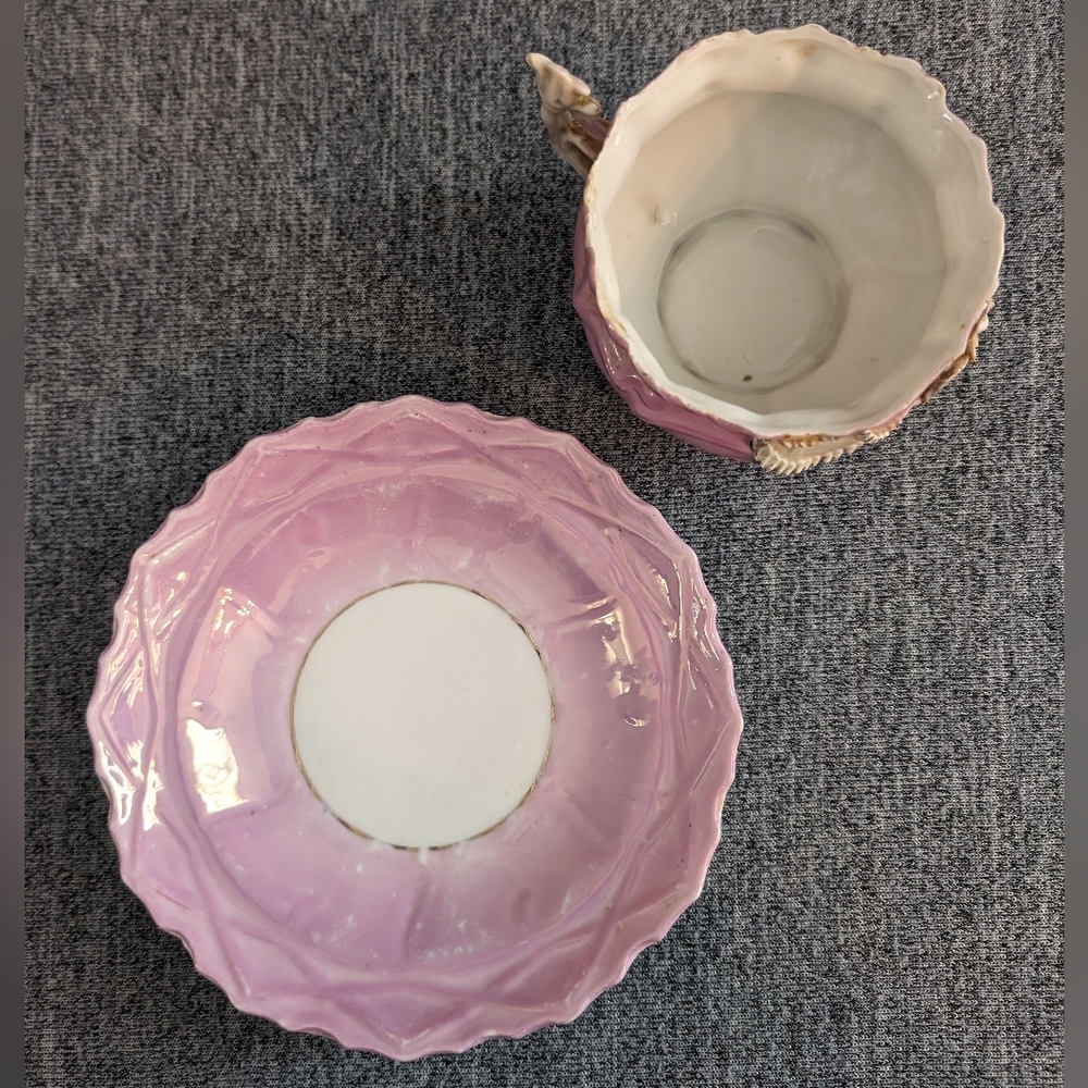 Antique Victorian Style Lusterware Cup and Saucer, Raised Floral Details - Picture 3 of 8